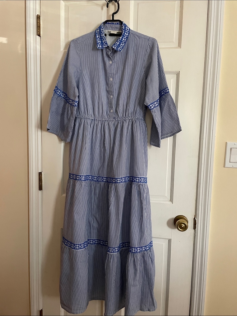 Blue Striped Tiered Maxi Dress with Contrasting Blue Trim